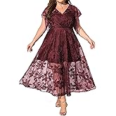 Beckyrebelly Plus Size Cocktail Wedding Guest Dress for Women Empire Waist Sequin Embroidered Lace Midi Dresses