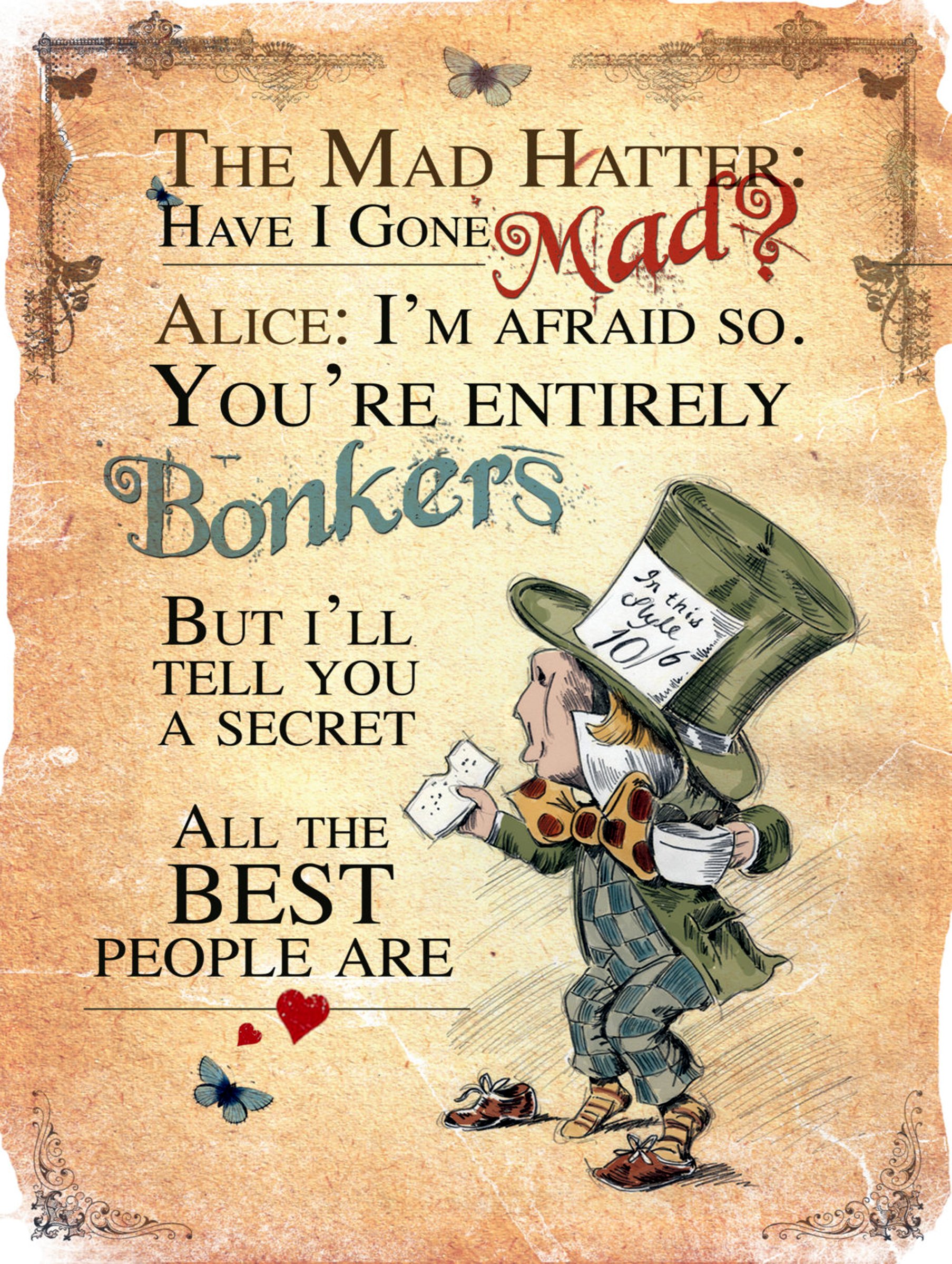 Alice In wonderland Metal Sign MAD HATTER BONKERS RETRO METAL TIN WALL ART NOVELTY GIFT 10" x 8" (2268M (10" x 8")