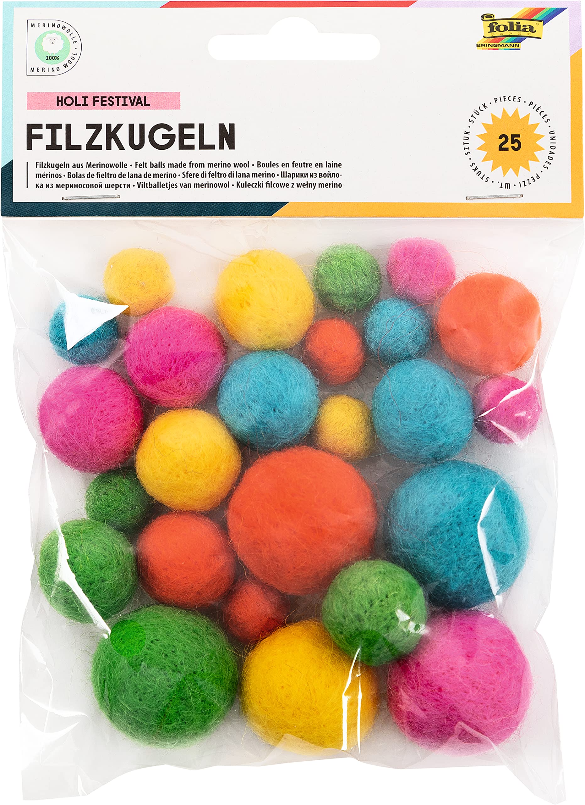 folia 5281 Felt Balls Holi Festival 25 Balls 100% Merino Wool Assorted in 5 Different Colours and 3 Sizes Ideal for Mobiles, Garlands and Much More