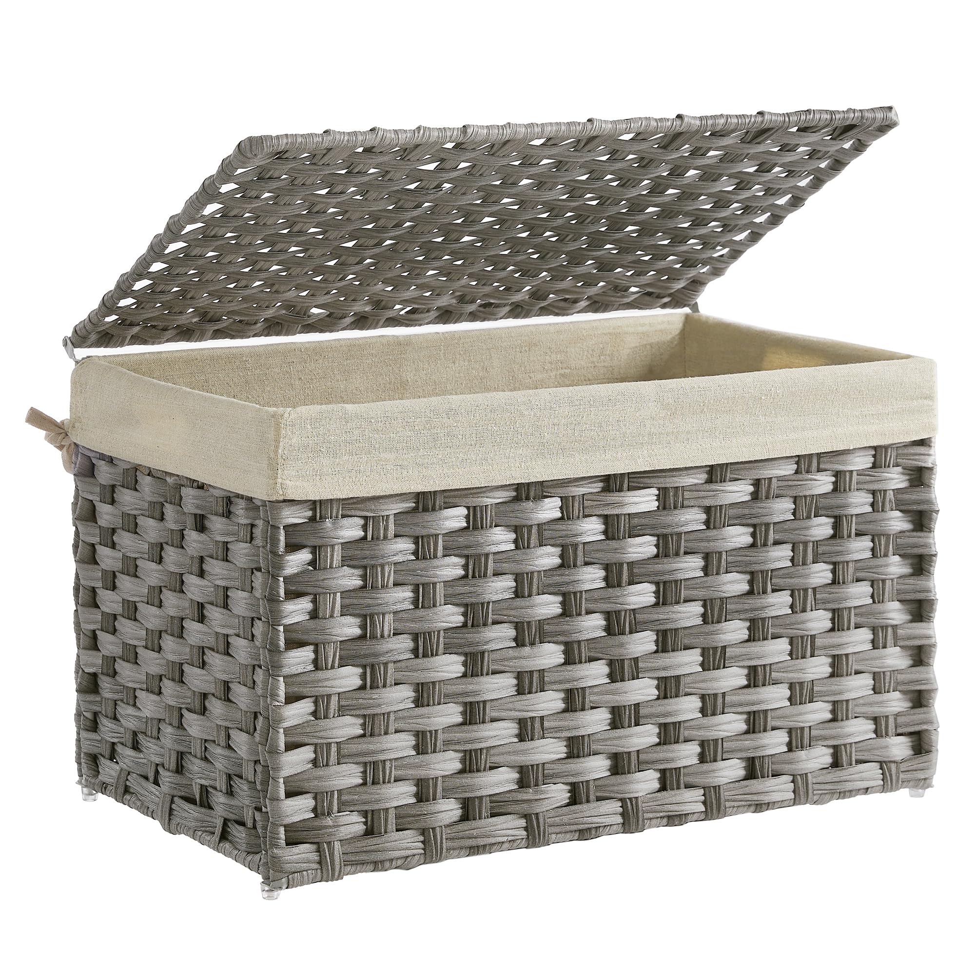 SONGMICS Storage Basket with Lid, Woven Blanket Storage Bin with Handles, Foldable, Removable Liner, Metal Frame, for Bedroom, Laundry Room, 17.2 Gallons (65 L), Gray URST56WG Image