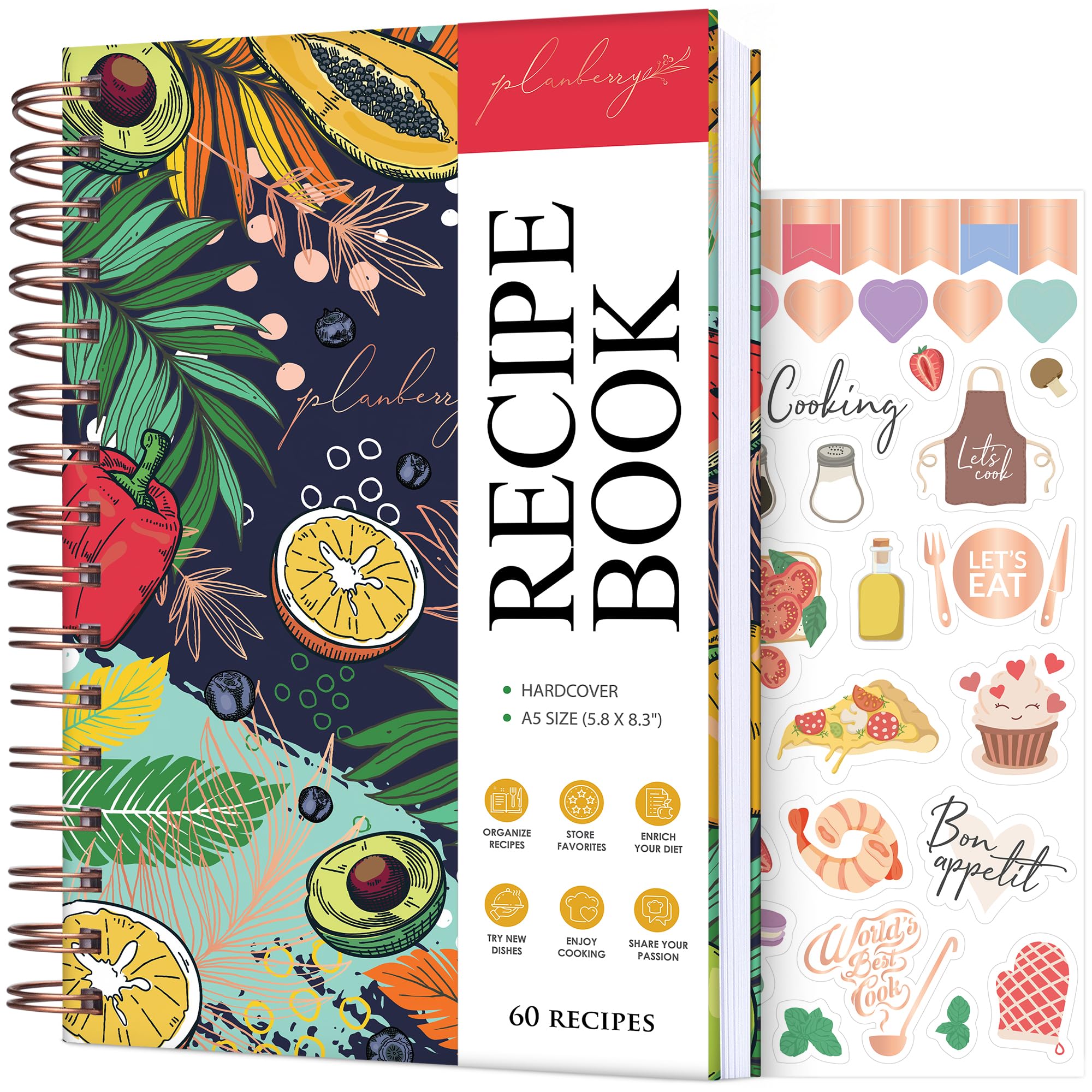 PLANBERRY Recipe Book – Blank Hardcover Cookbook to Write in Your Own Recipes – Empty Cook Book Journal to Fill in – Blank Family Recipe Notebook – 60 Recipes, 14x21cm (Summer Smoothie)