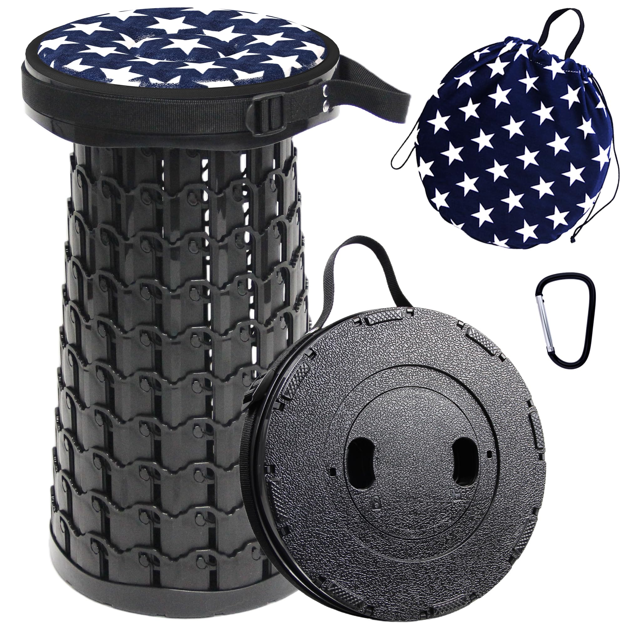 ALEVMOOM Portable Telescopic Folding Stool, Collapsible Stool with Cushion Max Load 440lbs, Lightweight Retractable Adjustable Seat Folding Chair for Camping, Fishing, Hiking, Travel