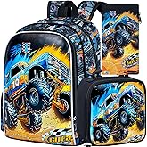 FTJCF Truck backpack, 16" Boys Cars Kids Bookbag with Lunch Box, 3Pcs School Backpacks for Elementary Preschool Kindergarten (Black)