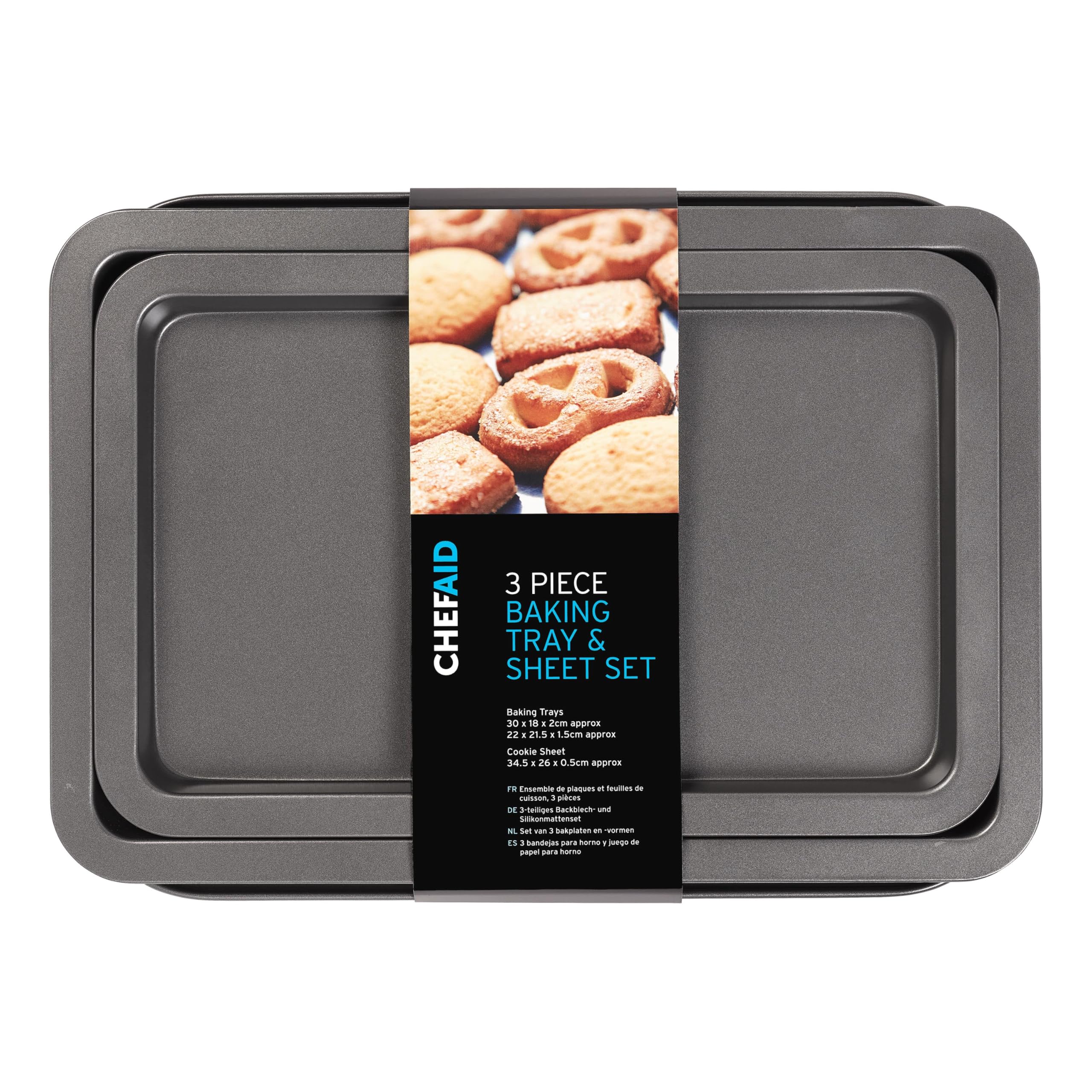 Chef Aid Carbon Steel Baking Tray and Sheet Set, Includes 3 Trays with Durable Non-Stick Coating, The Baking Trays Measure 33.5 x 22 cm and 37 x 25 cm with The Baking Sheet Measuring 35 x 22 cm