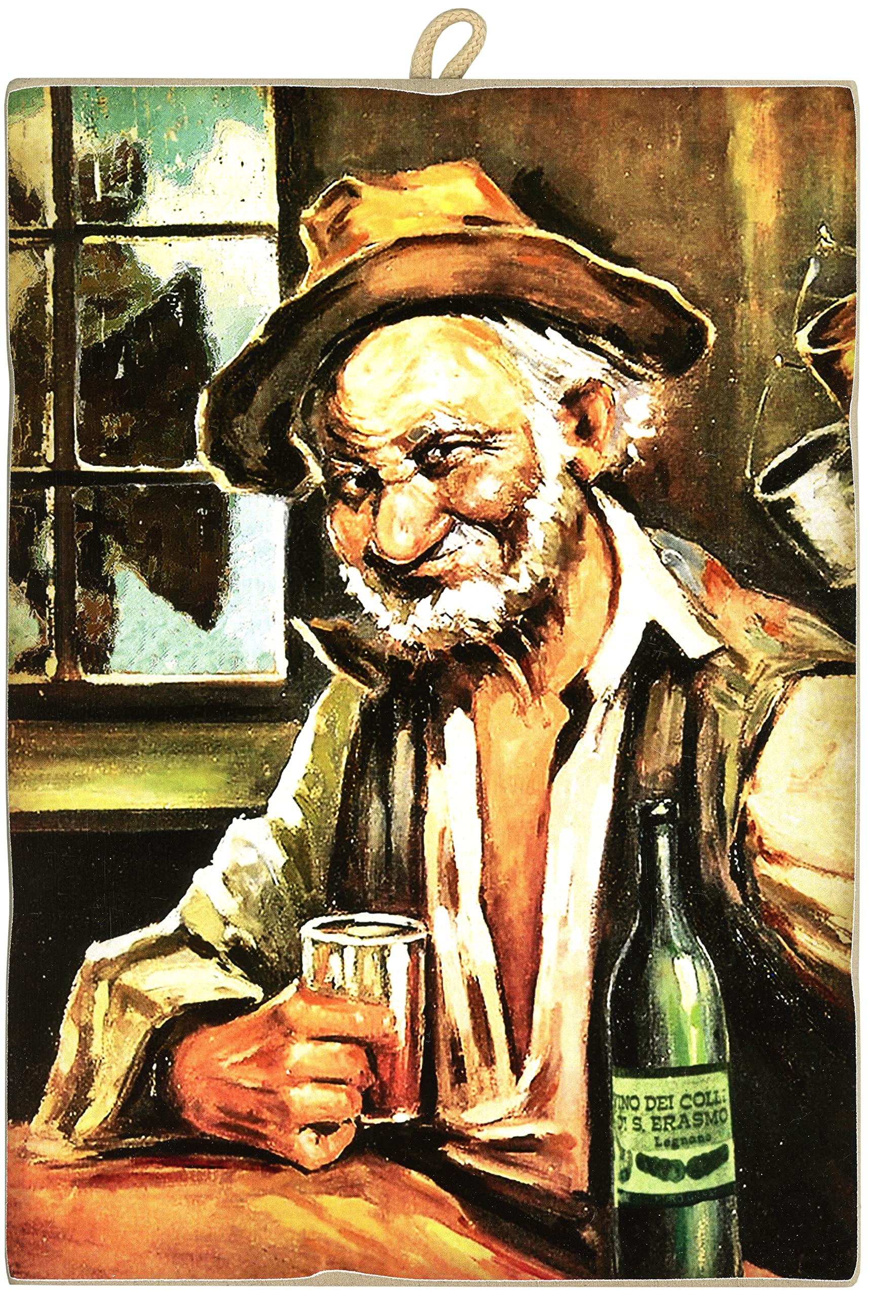 KUSTOM ART Vintage Style Picture "Il Bevitore" by Teomondo Scrofalo Collectible Print on Wood for Furniture Restaurant Pizzeria Bar Hotel (Large (30x40))