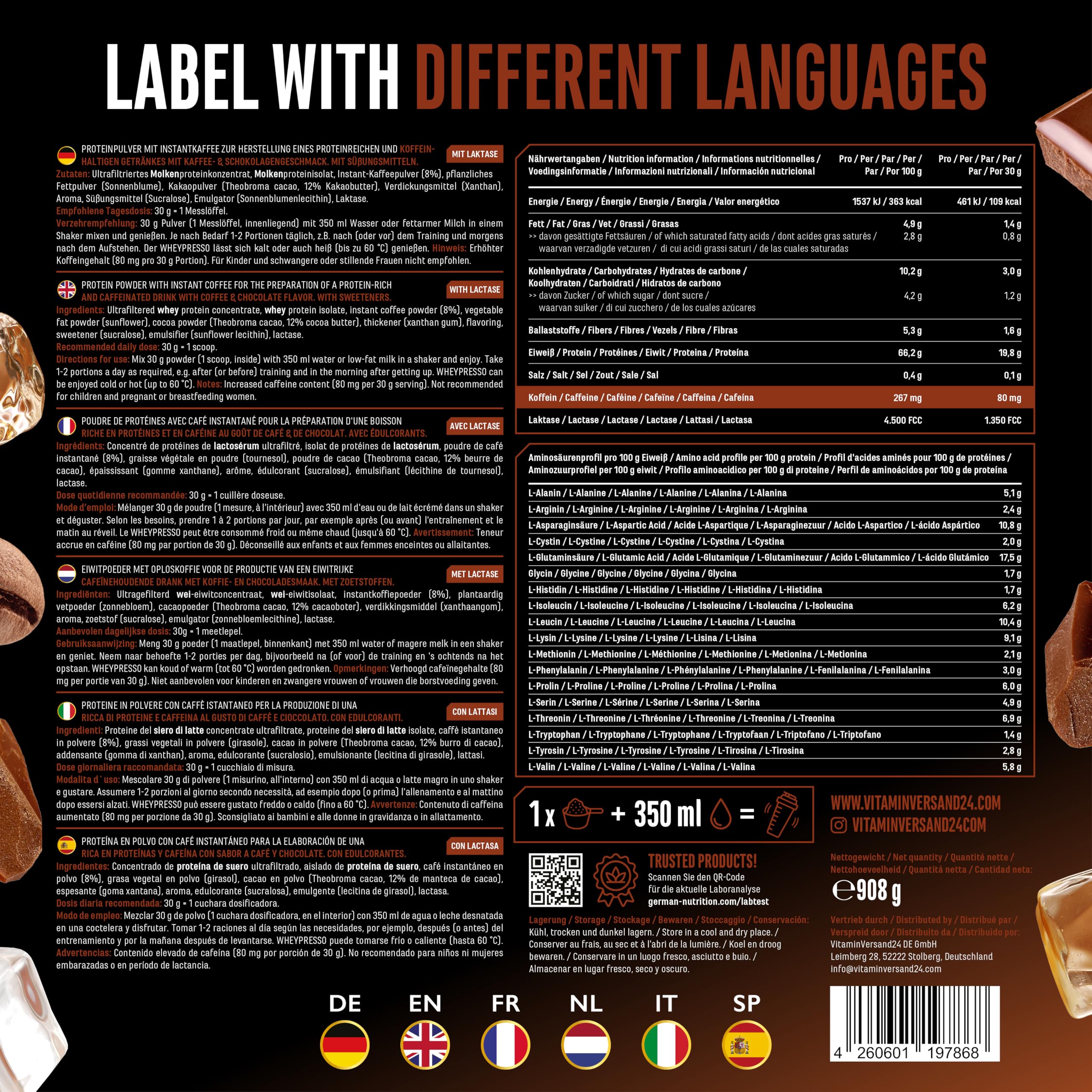 Wheypresso Protein Coffee - Eiweiß-Pulver mit Whey-Konzentrat & Isolat - Mit echtem Kaffee & Koffein - Cremiger High Protein Drink - (908 g, Double Chocolate Flavour) 5