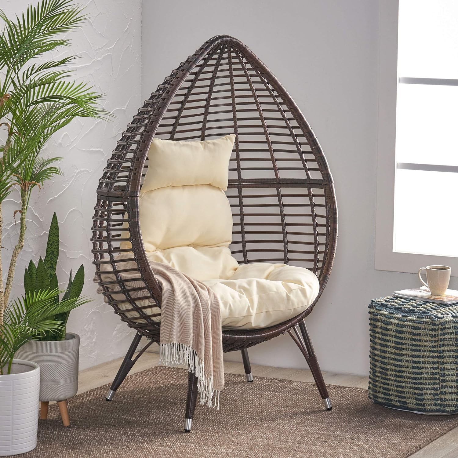 Christopher Knight Home 312984 Emerald Outdoor Teardrop Wicker Lounge Chair with Water Resistant Cushion, Brown, Beige : Garden & Outdoor