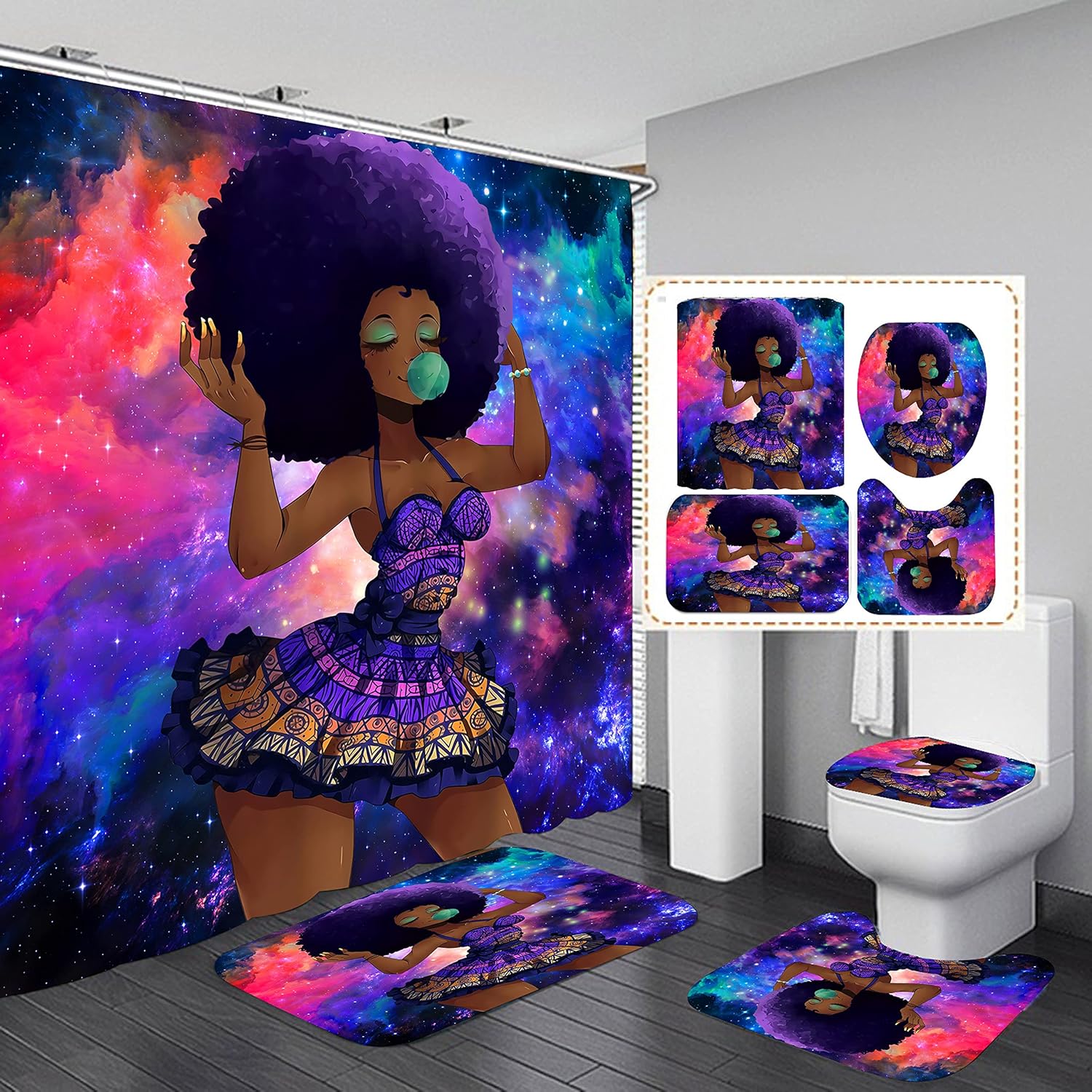 Outdoor Curtains - Nothers Colorful African American Women Shower Curtain Sets for Bathroom Décor, 4PCSSet-1 Waterproof Shower Curtain & 3 Non-Slip Toilet Rug and Lid Cover (Blue)