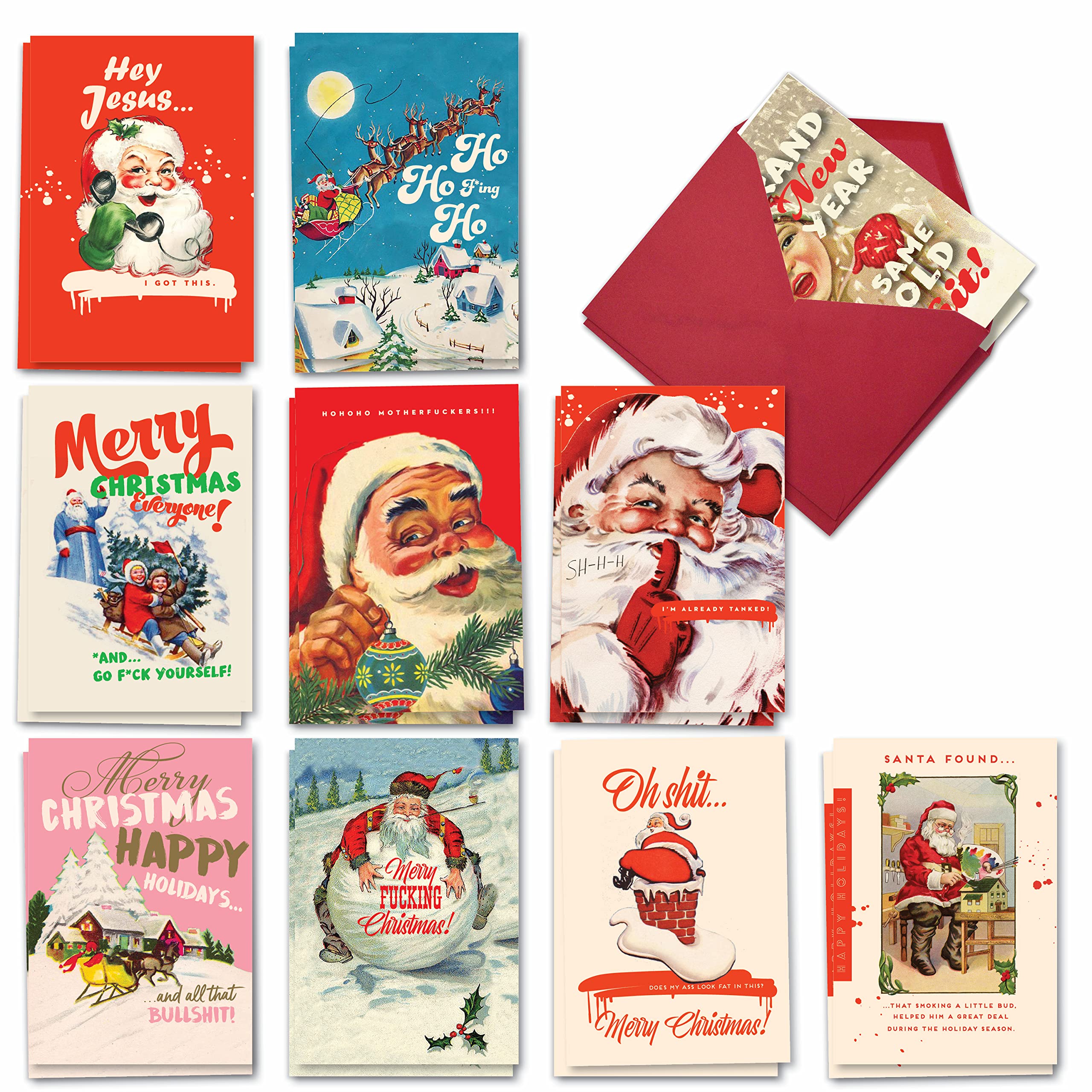 NobleWorks - 20 Funny Christmas Cards Assorted (10 Designs, 2 Each) - Boxed Adult Christmas Greetings, Bulk Holiday Notecard Humor - Very Merry O+D AC7110XSG-B2x10