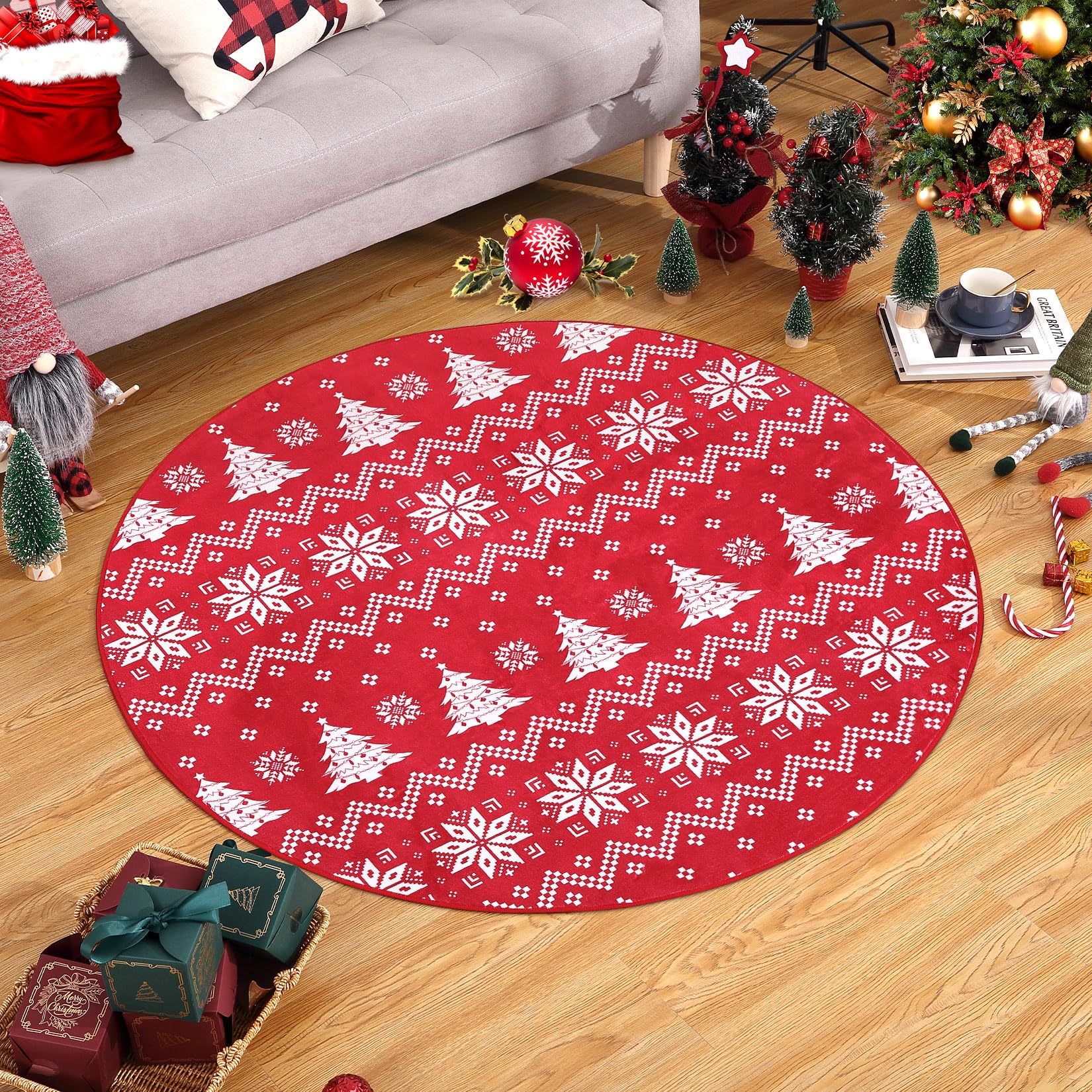 CAROMIO Machine Washable Round Christmas Area Rug for Bedroom Indoor Throw Rug Christmas Tree Snowflake Decorative Living Room Rug 120 * 120 cm