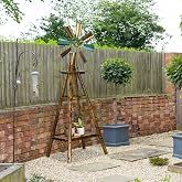 Outsunny Windmill Weathervane with Bottom Shelf Freestanding Stained Wood | Weather Vane, Windmill Head, Windmill for Yard