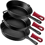 Pre-Seasoned Cast Iron Skillet 3-Piece Chef Set (8-Inch, 10-Inch, 12-Inch) Oven Safe Cookware - 3 Heat-Resistant Holders - In