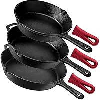 Pre-Seasoned Cast Iron Skillet 3-Piece Chef Set (8-Inch, 10-Inch, 12-Inch) Oven Safe Cookware - 3 Heat-Resistant Holders…