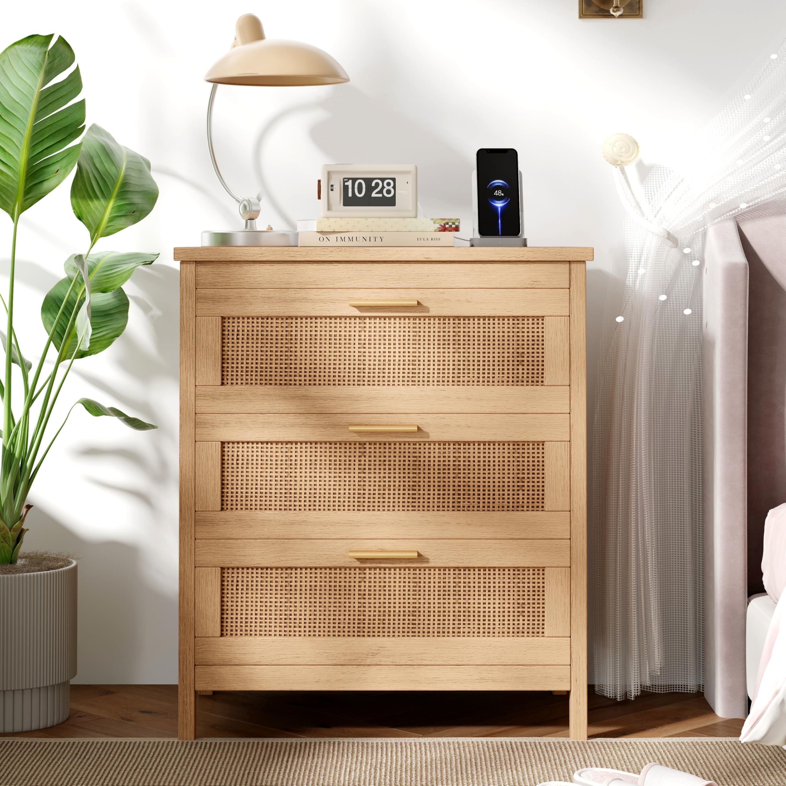 Photo 1 of Keehusux Rattan Nightstand with Charging Station, Bedside Table with 3 Drawers, Boho Night Stand with Metal Handles, Accent End Table for Bedroom, Guest Room, Natural