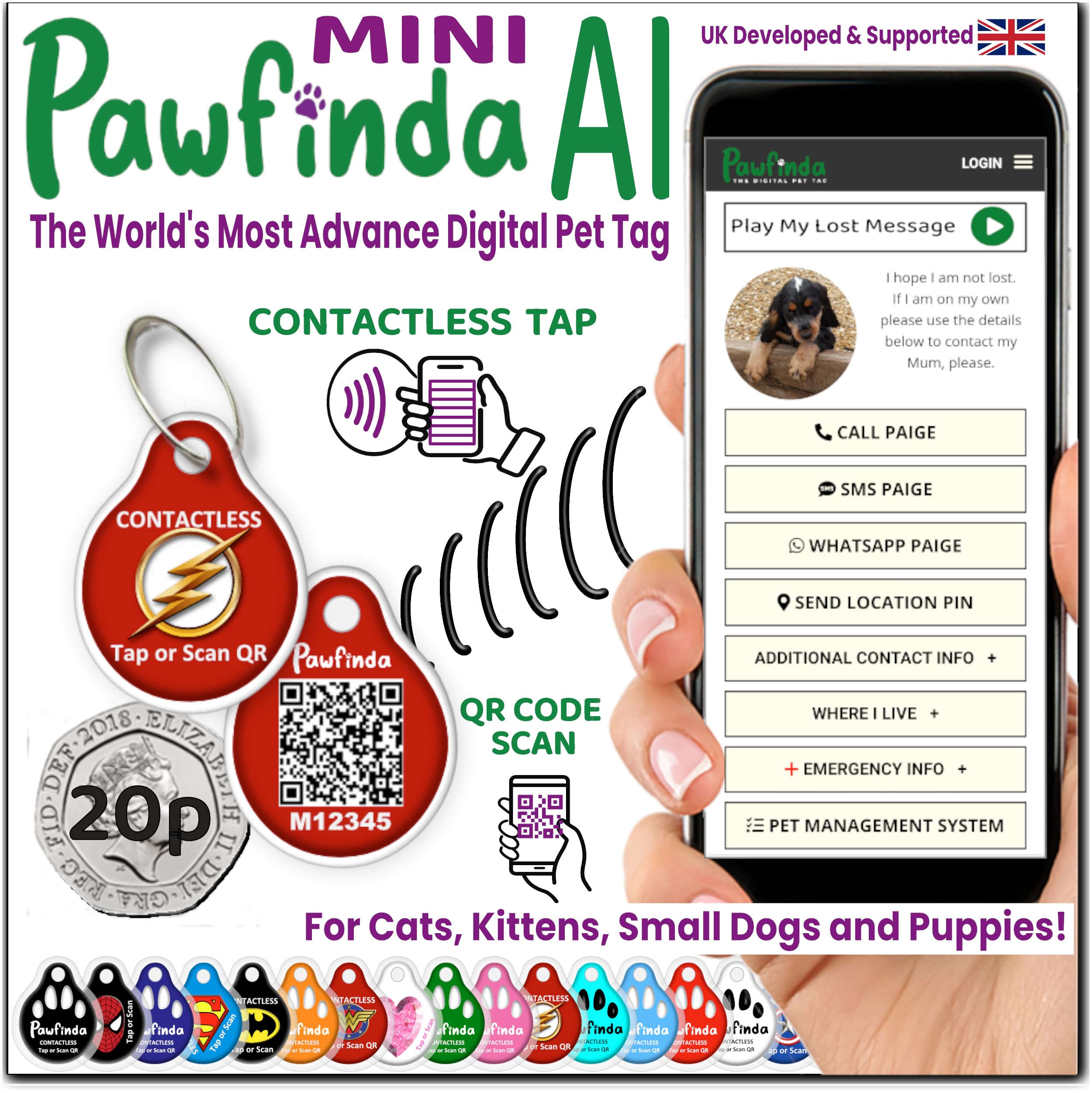 PAWFINDA – Next-Generation Personalised Cat & Dog ID Tag | Engraved Pet Tag with CONTACTLESS NFC, QR Code Technology & PawVoice AI | No App Required | Waterproof & Durable | UK-Based Support