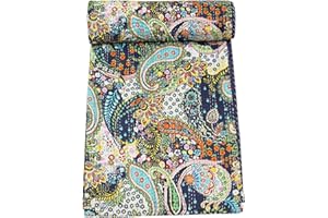 Marubhumi Indian Handmade Paisley Print Cotton Kantha Quilt (Navy, King (108"x 108"))