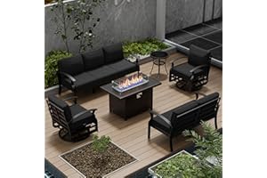 RTDTD Aluminum Patio Furniture Set with Fire Pit Table, 7 Seats Outdoor Patio Conversation Sets with Swivel Chair Modern Metal Patio Sectional Sofa with Upgrade Cushions for Patio, Backyard Dark Grey