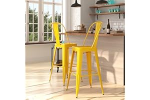 Merrick Lane Dothan Series Bar Height Stool - Yellow Finish - Metal Frame with Cross Bracing - Convenient Removable Back - Integrated Footrest