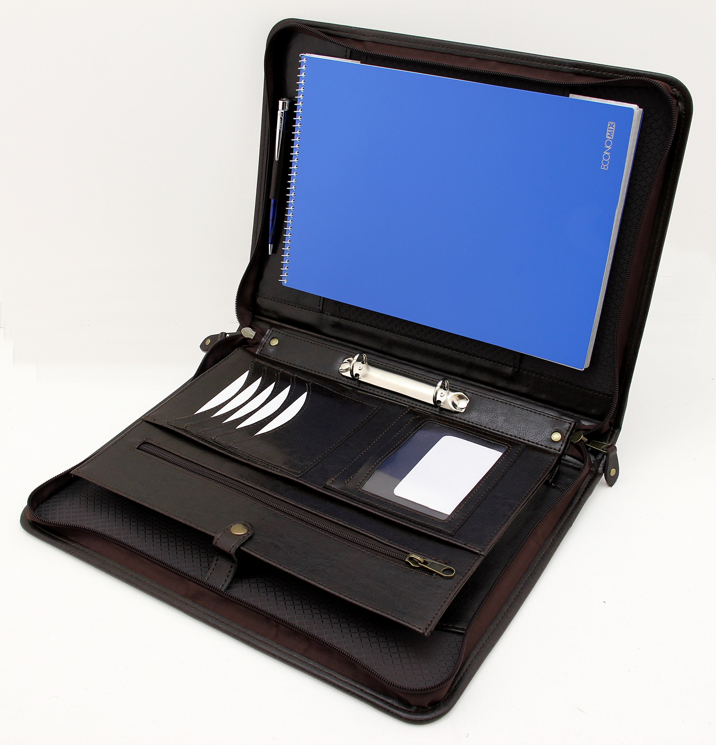 Noda Artificial Leather Business Padfolio Presentation Meeting Conference A4 Folder Ring Binder Portfolio with Handle (Brown)