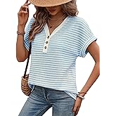 Falechay Women’s Tops Casual Short Sleeve Striped Blouses Waffle Knit Button Half Placket V Neck Cute Tunic Shirt Trendy 2025
