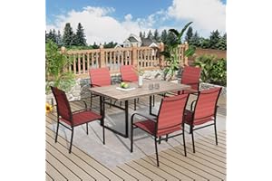 MIXPATIO 7-Piece Outdoor Dining Set 6 Red Textilene Chairs and Steel Tabletop with Wood Grain Rectangle Table for Deck Garden Backyard Lawn Poolside