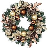 Valery Madelyn 20'' Pre-Lit Christmas Wreath for Front Door with Lights, Lighted Christmas Door Wreath with Bronze Copper Good Balls for Home Porch Fireplace Window Holiday Party Wall Decor