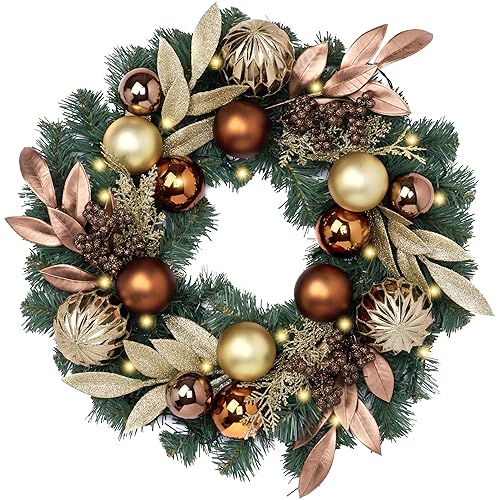 Valery Madelyn 20'' Pre-Lit Christmas Wreath for Front Door with Lights, Lighted Christmas Door Wreath with Bronze Copper Good Balls for Home Porch Fireplace Window Holiday Party Wall Decor