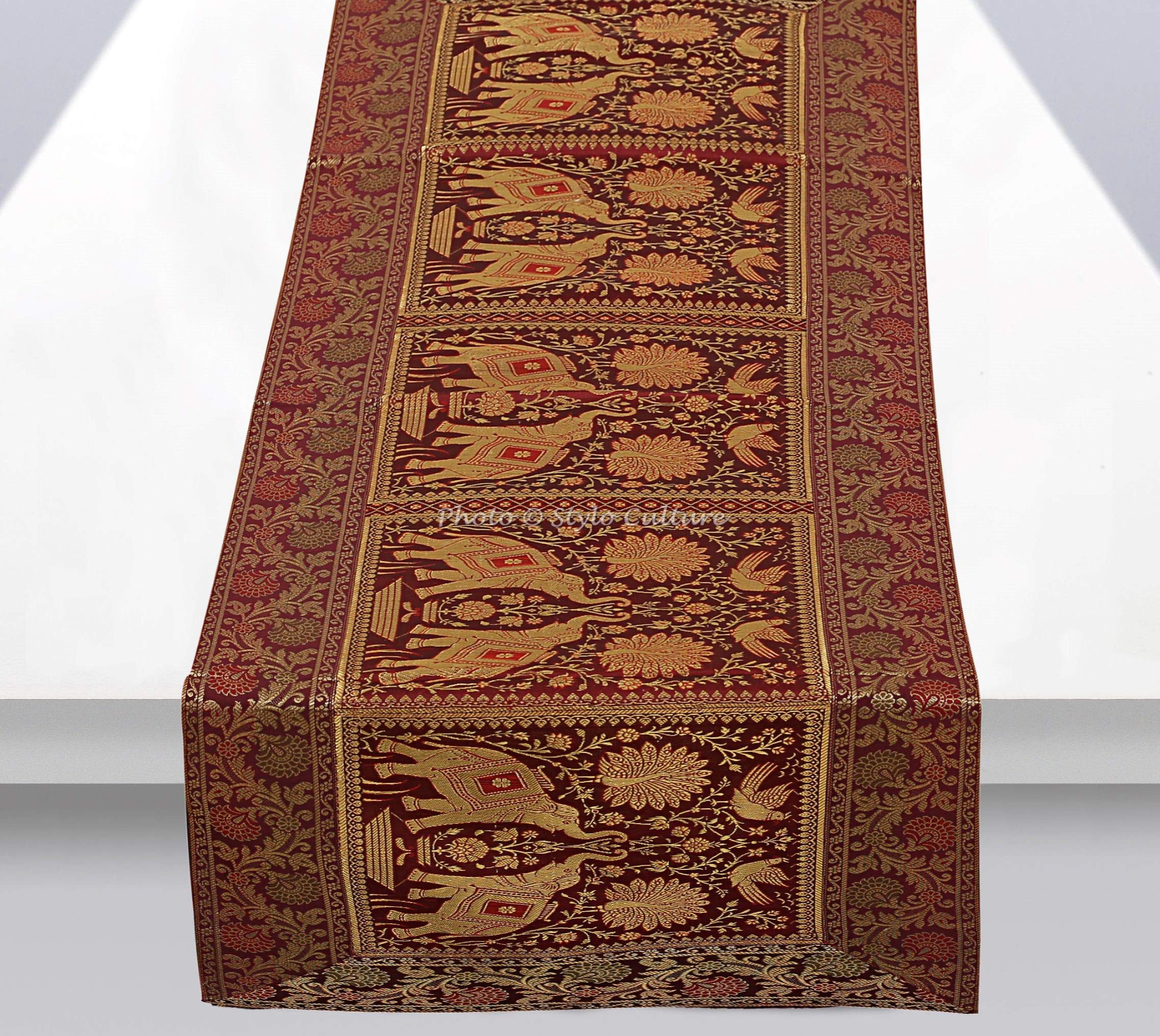 Stylo Culture Ethnic Center Table Runner For Coffee Table Burgundy Maroon Brocade Jacquard & Satin Boho Elephant Peacock Floral Extra Long Traditional Table Decor | 60x16 Inches ( 152 x 40 cm)