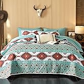 Wake In Cloud - Western Quilt Set, Southwestern Aztec Country Style with Rustic Ranch Vibe, Reversible Lightweight Bedspread Coverlet, 3 Pieces, Turquoise Brown, Queen/Full Size