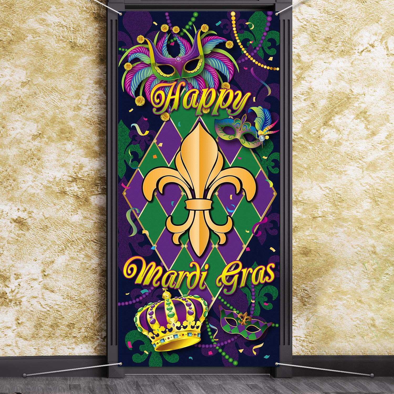 Mardi Gras Carnival Door Cover, Large Fabric Happy Mardi Gras Sign Party Door Cover Mardi Gras Party Decorations Backdrop Banner for Mardi Gras Party Favors, 78.7 x 35.4 Inch