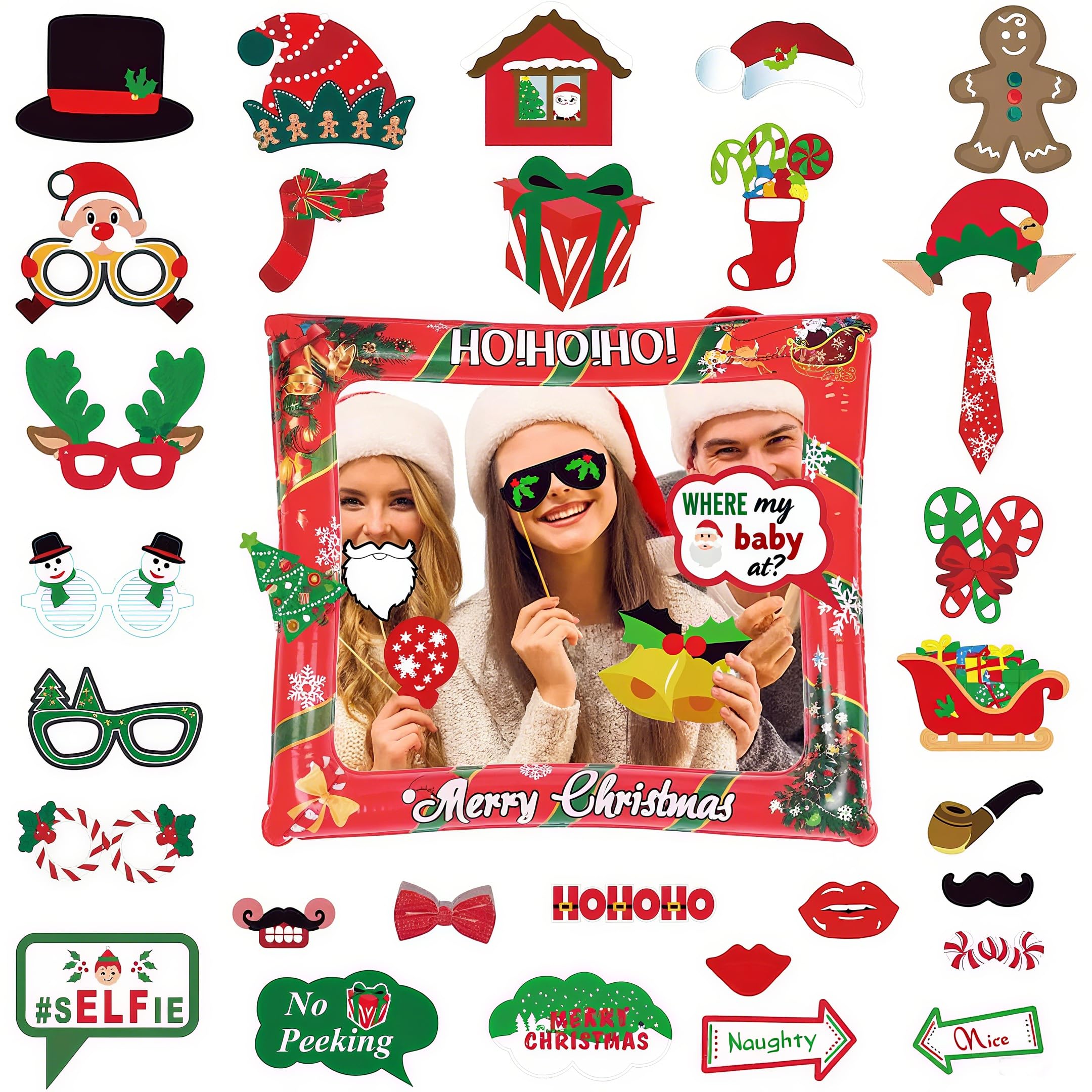 Christmas Inflatable Photo Booth with 36Pcs Photo Booth Props Selfie Picture Frame for Christmas Family Party,ChristmasParty Game Accessories Supply,Giant Props Frame Celebration Blow Up Party Prop