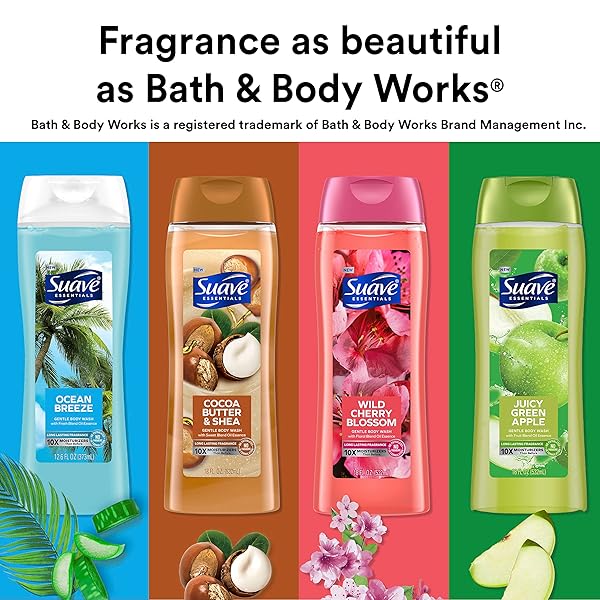SUAVE ESSENTIALS GENTLE BODY WASH, COCOA BUTTER & SHEA WITH A SWEET OIL BLEND ESSENCE, INFUSED WITH VITAMIN E & HONEY EXTRACT 18 OZ