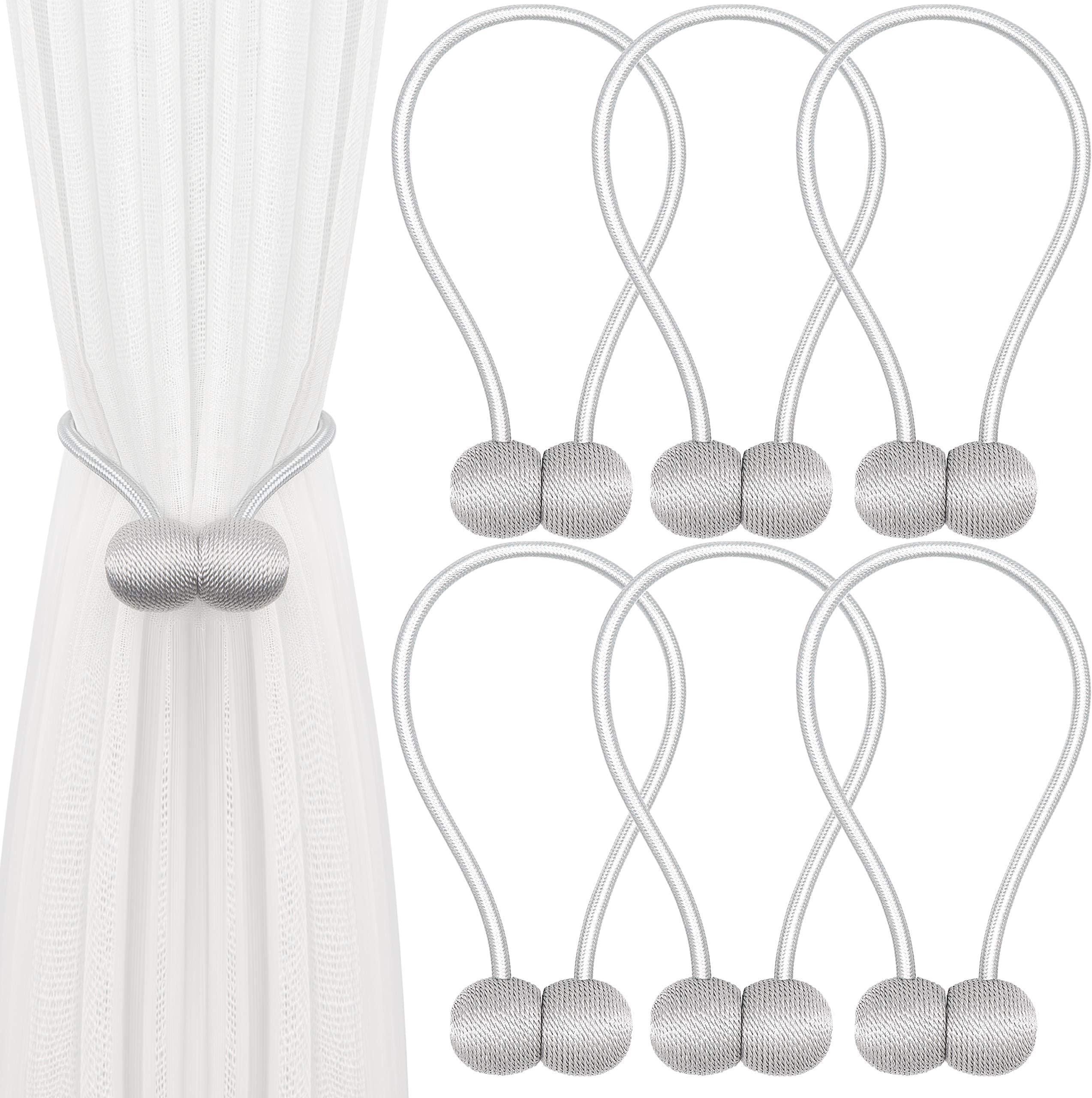 6 Pack Magnetic Curtain Tiebacks,The Most Convenient Woven Texture Rope Drape Tie Backs,Decorative Weave Rope Holdback Holder for Window Sheer Blackout Drapries Office, 16 Inch (Silver Grey)