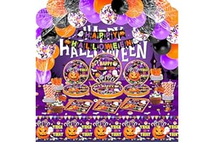 PURPERCAT 269 Pcs Halloween Party Supplies Tableware Set, Full Set Halloween Disposable Plates Napkins Tablecloth Banner Backdrop Balloons for Halloween Decoration Home Decor Serves 24 Guest
