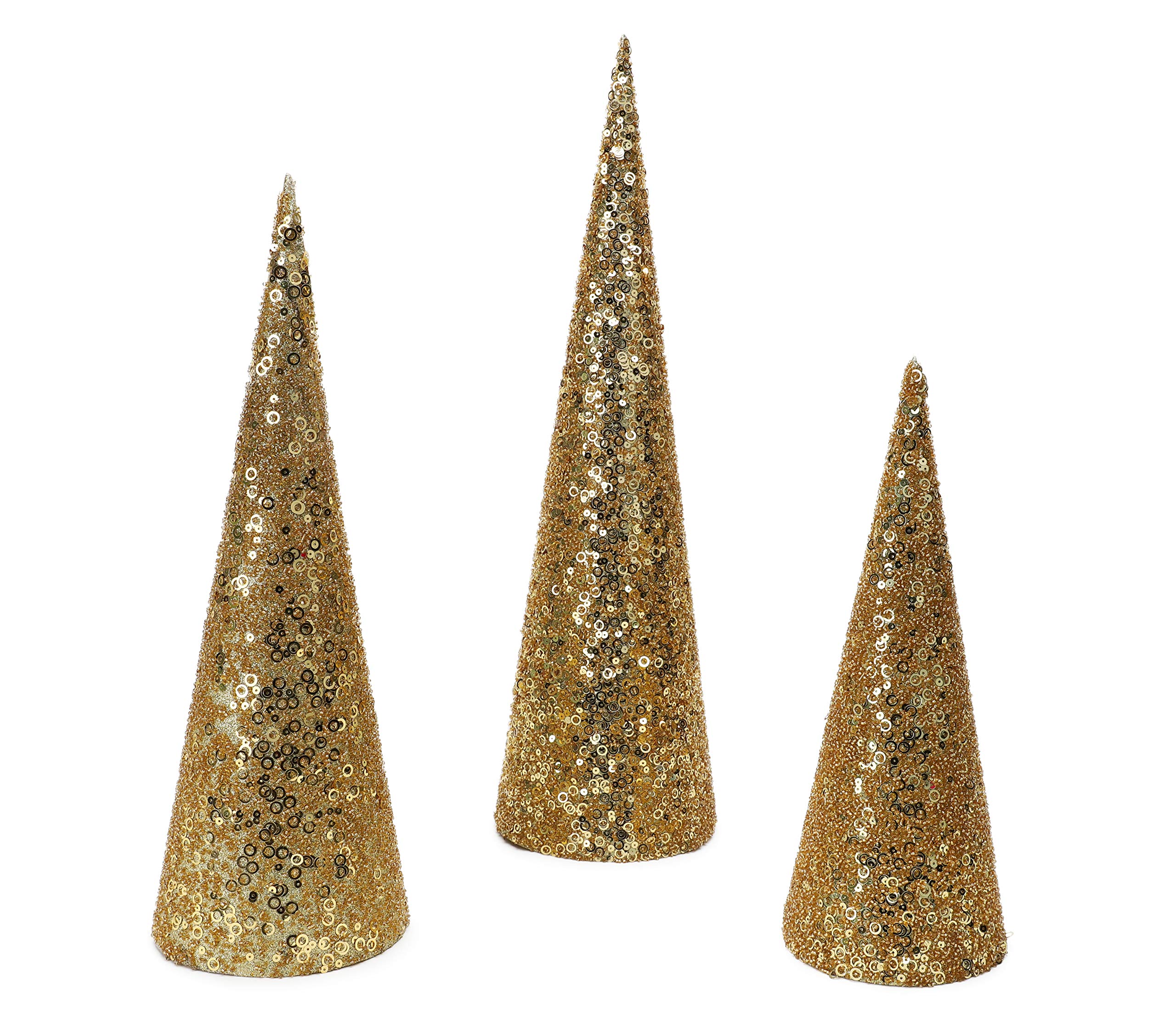 Christmas Concepts® Set of 3 Various Size Christmas Cone Trees Decorations With Sequins And Beads (Gold)