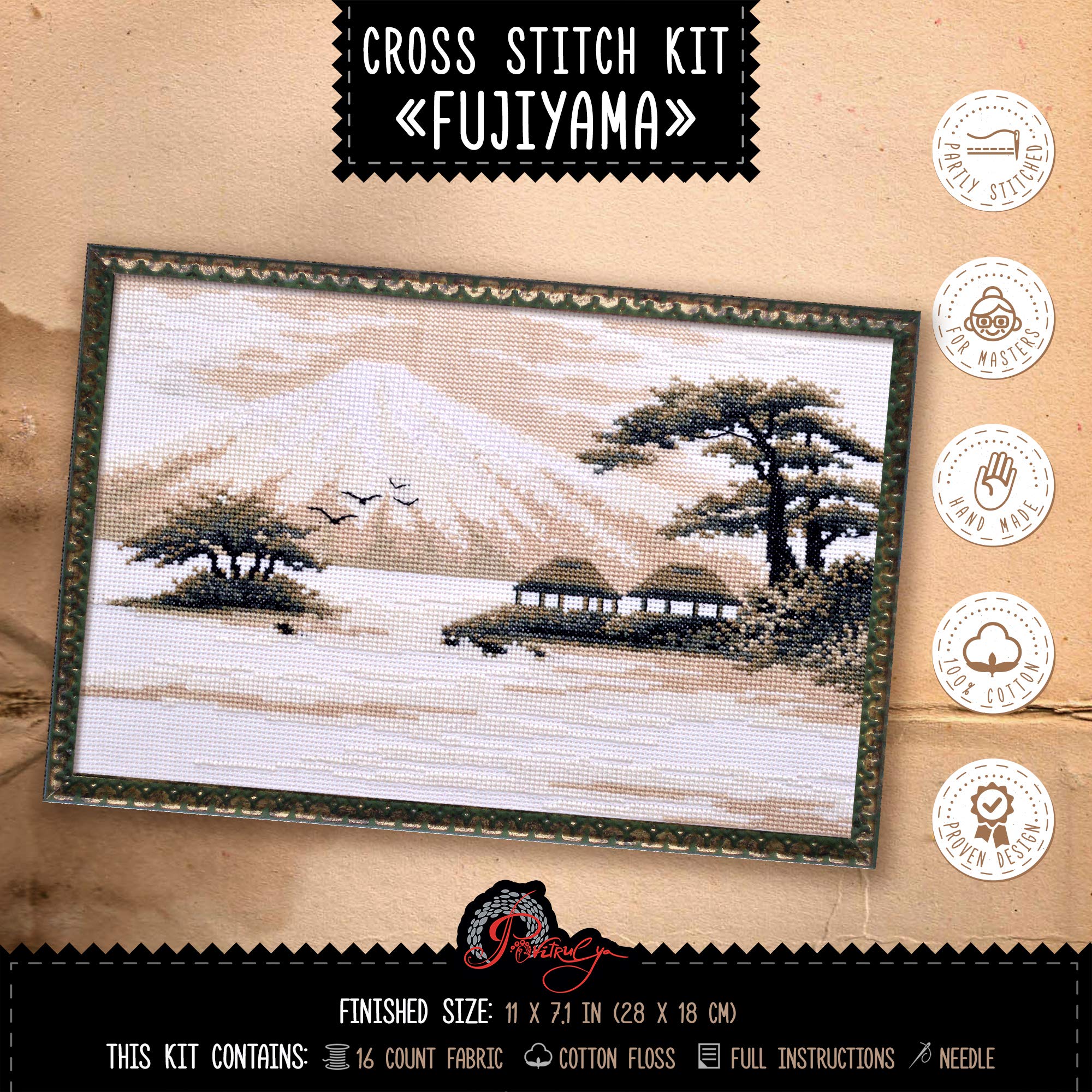 Povitrulya Embroidery Kit 'Fujiyama' - Counted Cross Stitch Set with Fuji Mountain, Japanese Landscape Pattern, 16-ct Aida, 11" х7.1