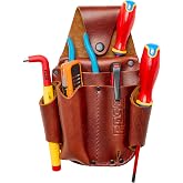 FESA Leather Electrician Tool Pouch - Pocket Caddy Clip On Tool Pouch with Voltage Test Meter Pocket &amp; 5 Other Compartments - Easy On &amp; Off - Fits Belts up to 3" Wide - Handcrafted