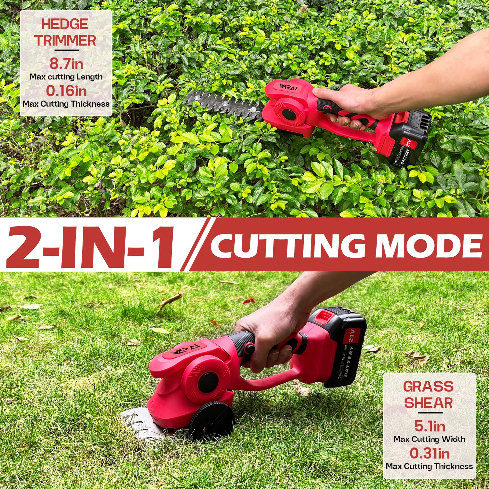 VARAI Hedge Trimmer Cordless, 2 in 1 Cordless Hedge Trimmer with 1300mAh Battery*2, High Power and Large Capacity Hedge Shears for Gardens, Patios and Lawns Charger Included