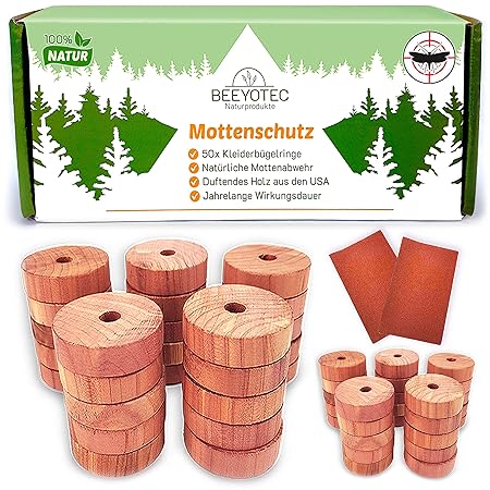 BeeyoTec 50x BIO Mottenschutz VORTEILSPACKUNG [2x25Stück] Natürlicher Schutz vor Kleidermotten aus Zedernholz / 100% Naturpro