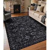 YIHOUSE Black 5x7 Area Rugs for Living Room Washable, Distressed Vintage Gothic Rug for Bedroom Entryway Non Slip Low Pile, Dark Floral Soft Carpet for Playroom Home Office Decor