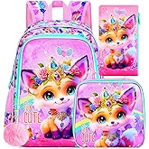ZLYERT 3Pcs Fox Backpack for Girls, 16" Kids School Backpacks with Lunch Box, Bookbag for Elementary Preschool Kindergarten(Pink)