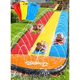 JAMBO Premium Triple Water Slide and 3 Bodyboards, 16Ft Heavy Duty Slip Splash and Slides-Advanced 3-Way Sprinkler System, Splash Pad Mat Backyard Summer Outdoor Water Toys n Long Slides for Kids
