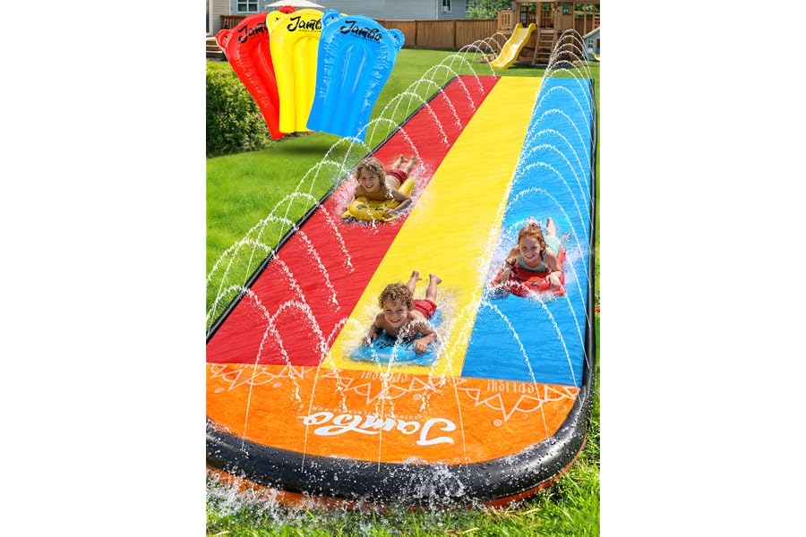 JAMBO Premium Triple Water Slide and 3 Bodyboards, 16Ft Heavy Duty Slip Splash and Slides-Advanced 3-Way Sprinkler System, Sp