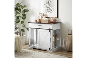 Aoowow Dog Crate Furniture 38" Wooden Dog Kennel Indoor with Sliding Barn Door,Heavy Duty Dog Crate Decorative Dog Cage End Table with Drawer for Small Medium Dogs,White
