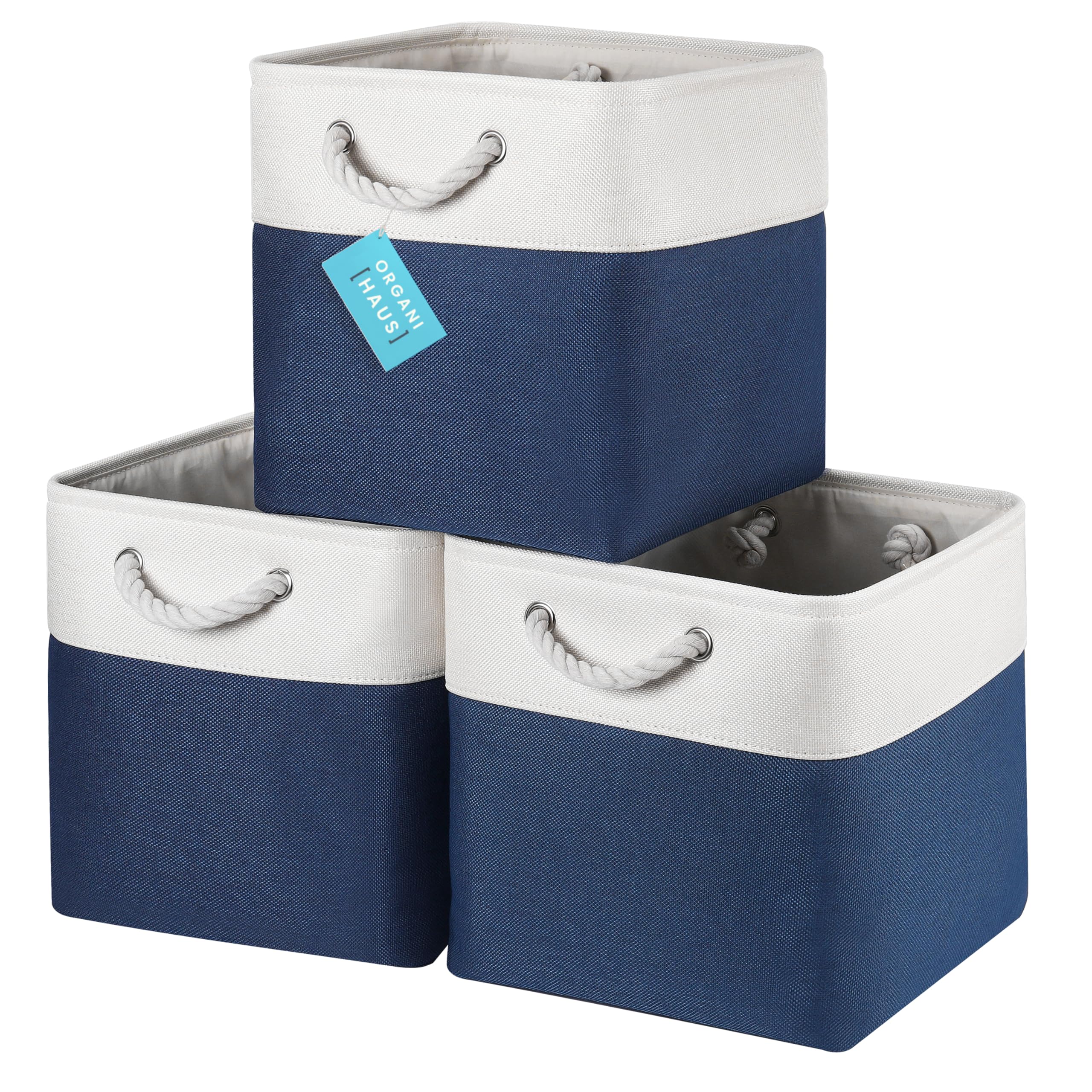 OrganiHaus Fabric Storage Boxes, Set of 3 Foldable 30X30 Cube Organiser Bins with Rope Handles for Shelves, Nursery & Closet, Collapsible Storage Baskets for Toys, Clothes & More - Navy Blue/Off-White