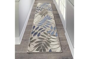 Nourison Aloha Indoor/Outdoor Grey/Blue 2'3" x 10' Area Rug, Easy Cleaning, Non Shedding, Bed Room, Living Room, Dining Room, Backyard, Deck, Patio (2x10)