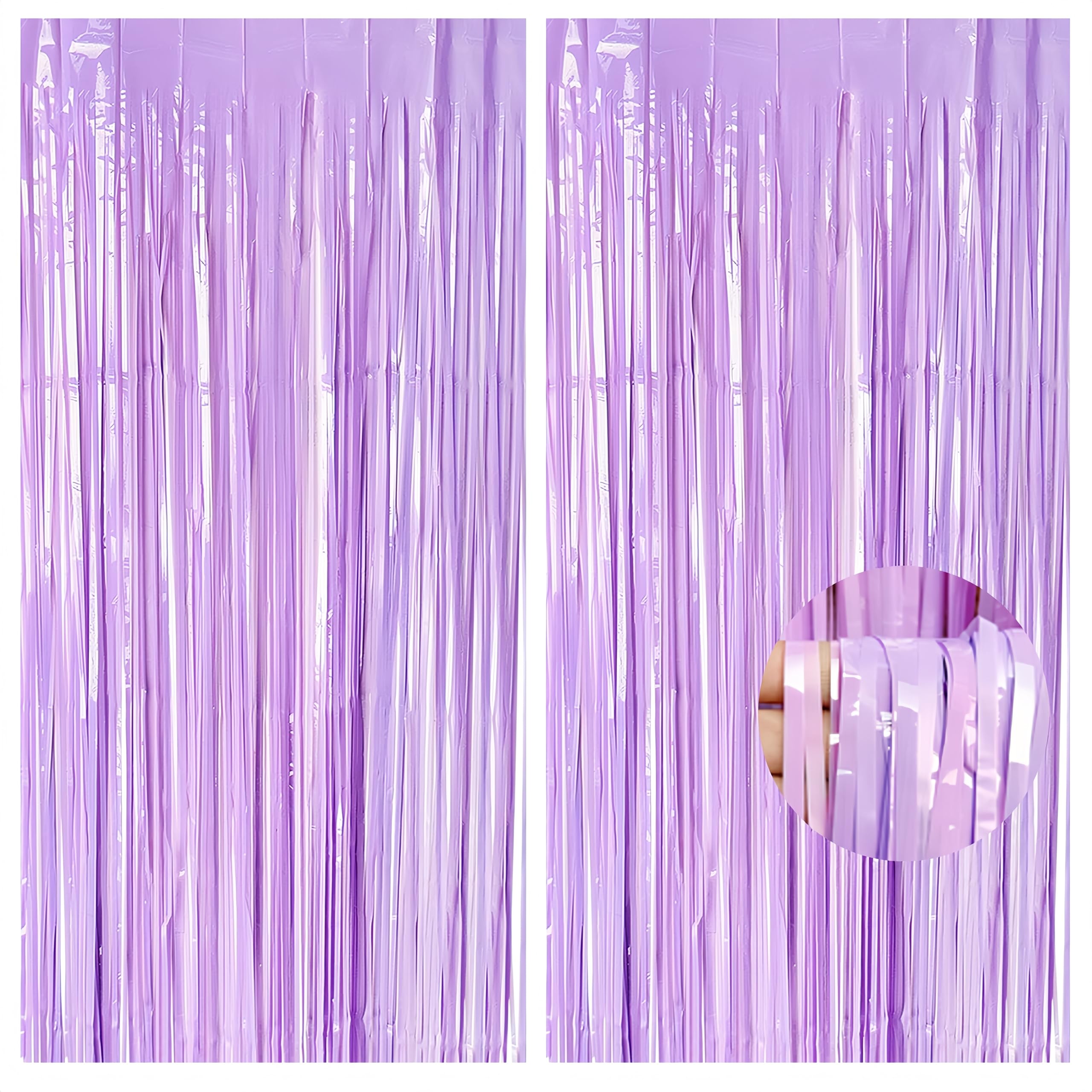 2pcs Purple Tinsel Curtains, 3.2x6.5ft Macaron Party Foil Door Curtains with Pastel Fringe Tassel Tinsel Backdrop for Girls Unicorn Mermaid Fairy Princess Party Décor