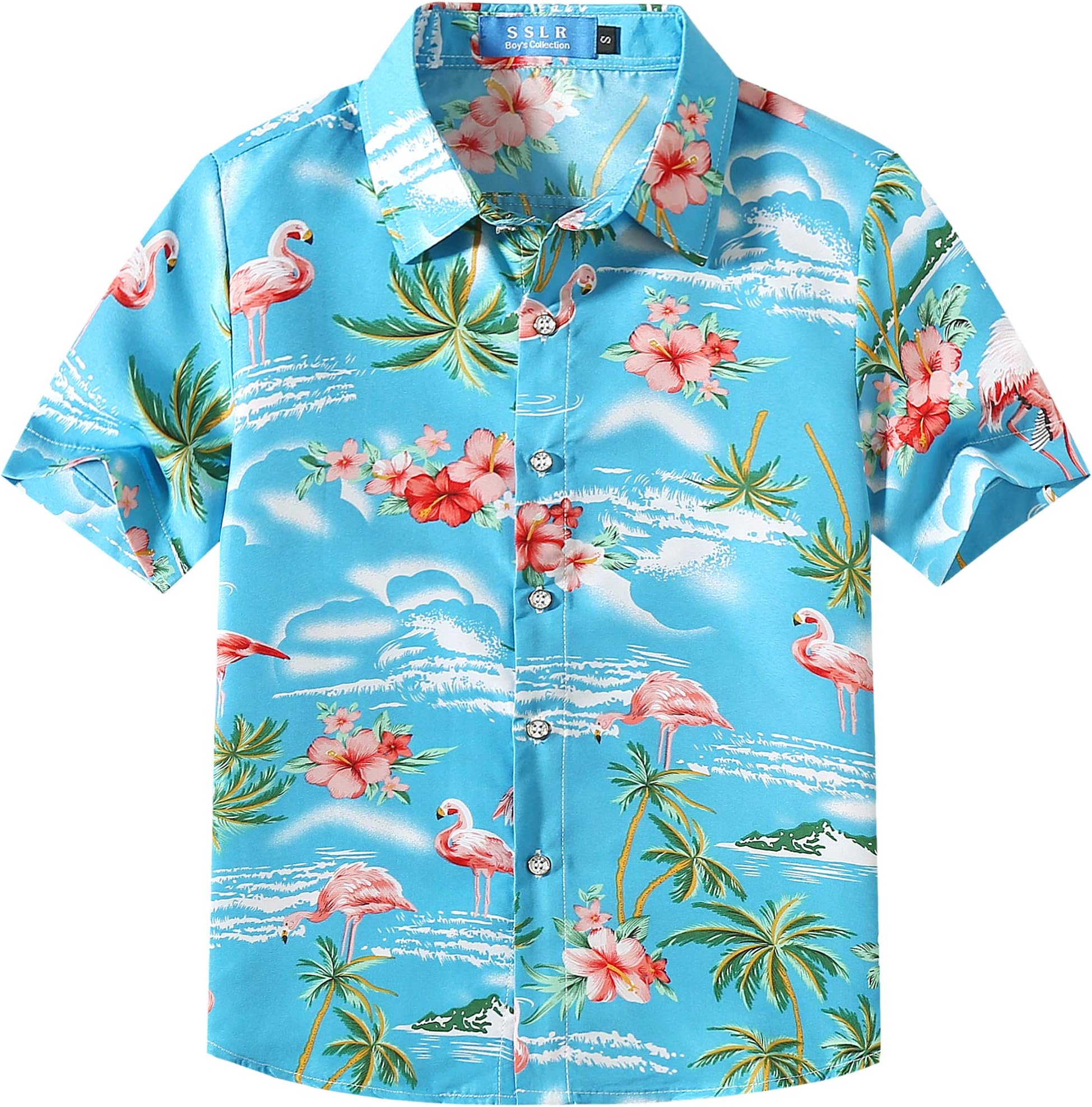 SSLR Big Boy's Flamingos Button Down Short Sleeve Aloha Hawaiian Shirt