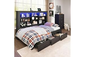 Jocisland Twin Bed Frame with Storage Drawers, Bookcase Headboard, USB Charging, RGB Lights, Farmhouse Wood Daybed, No Box Spring Needed, Black
