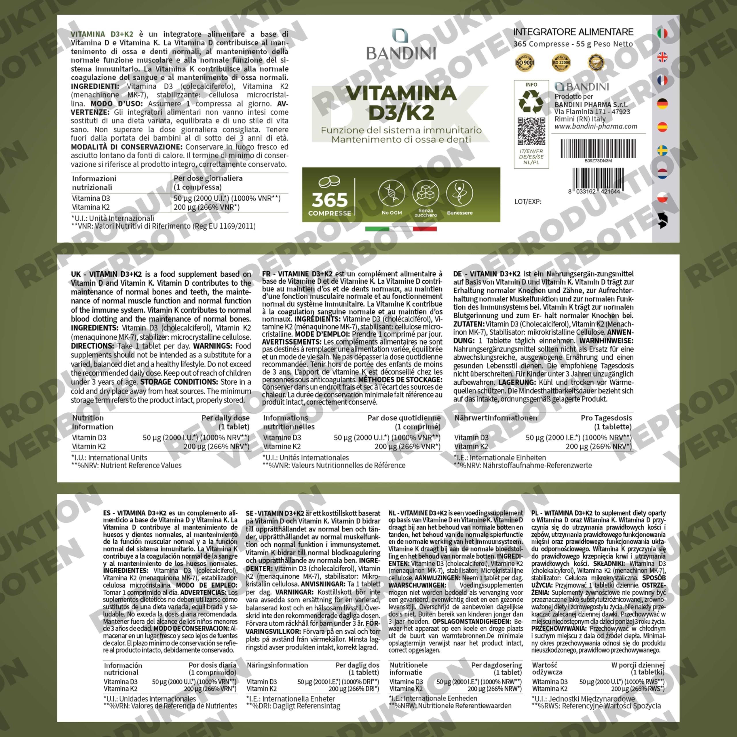 Bandini® Vitamin D3 K2 | 365 TABLETTEN | Vitamin D 2000 IE + 200 mcg Vit K 5